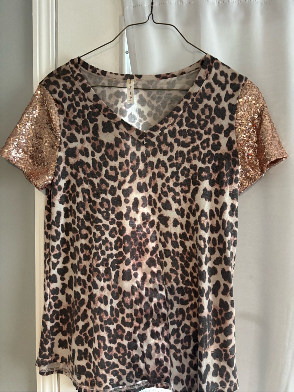 Vanilla Bay Leopard Print V-Neck Top with Rose Gold Sequin Sleeves
